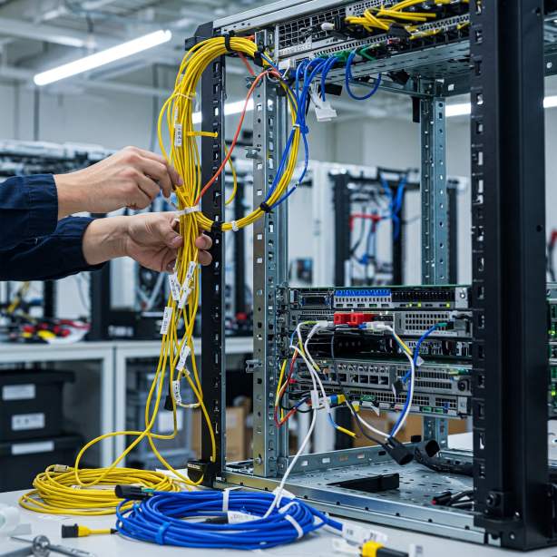 Técnico trabajando en un rack de servidores
